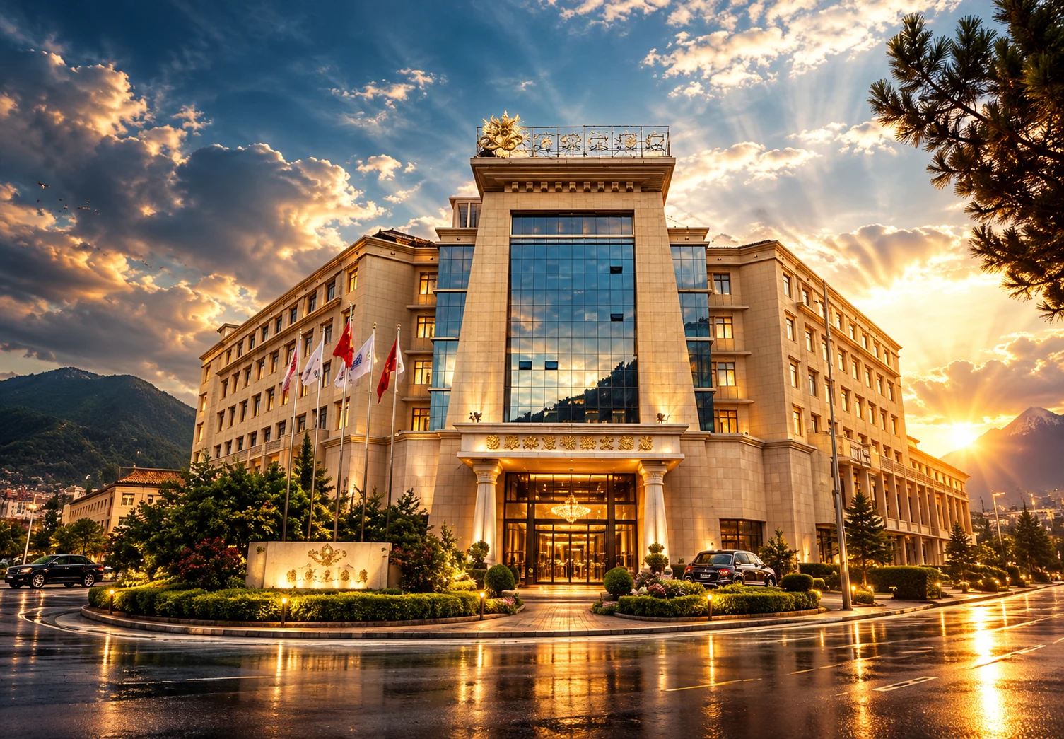 Otel binası, altın saat gün batımı sahnesine dönüştürüldü