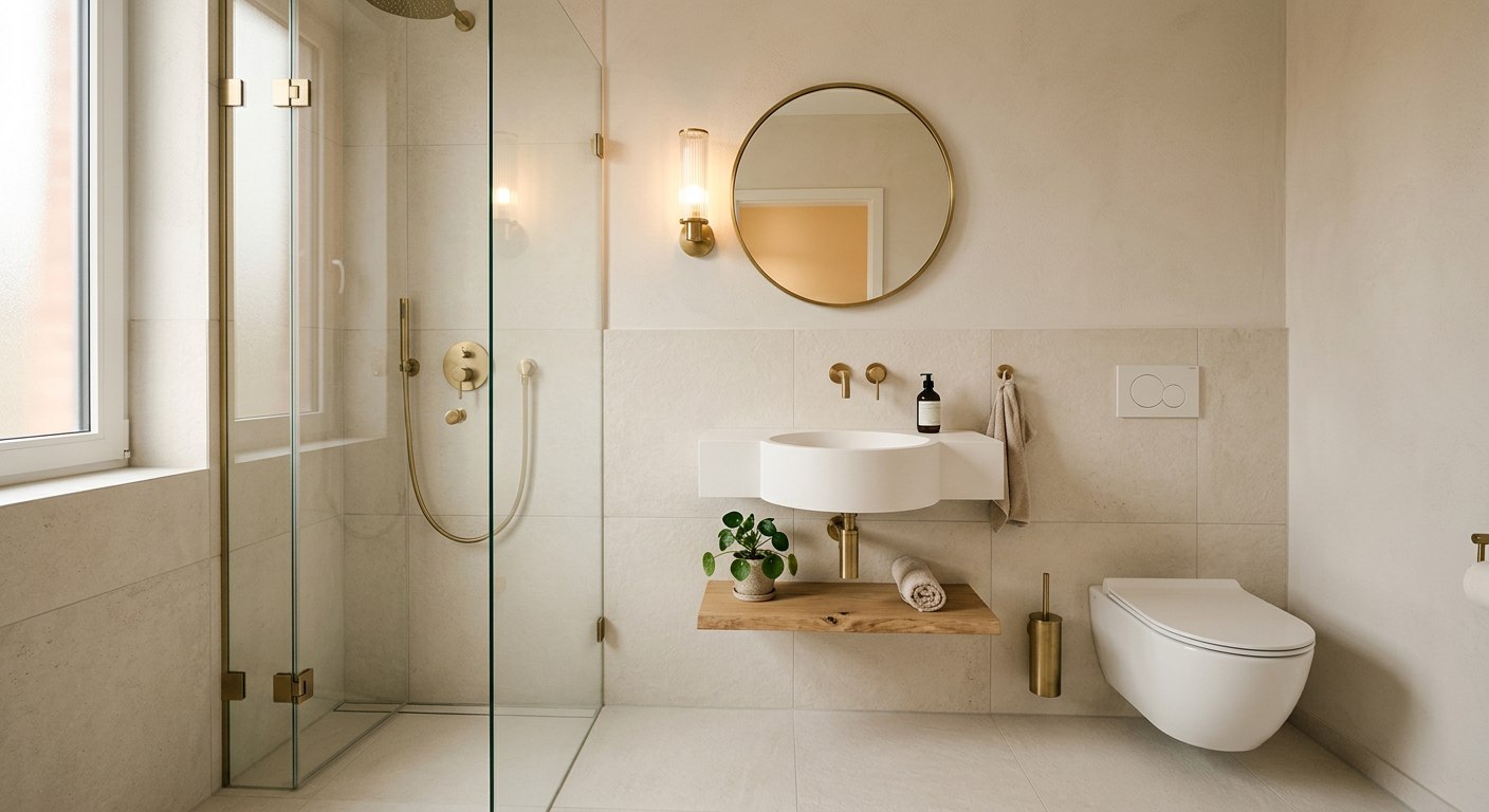 Modern banyo, yuvarlak pirinç çerçeveli ayna ile