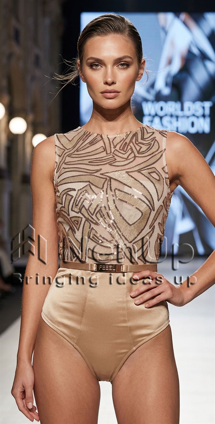 Payetli bodyi podyumda giyen model